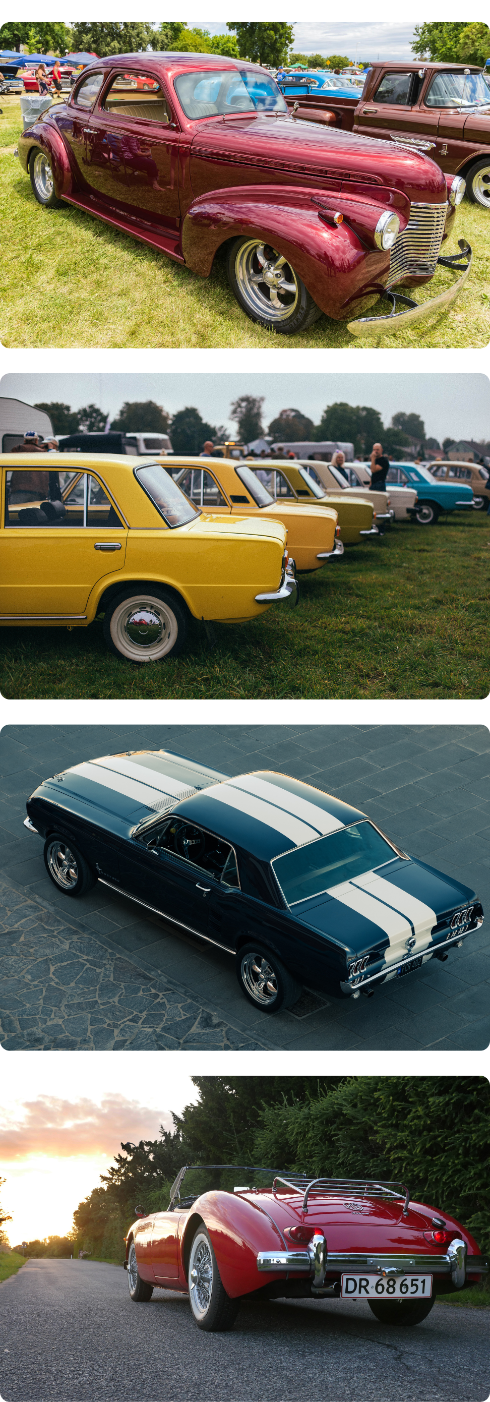 A collection of photographs capturing the uniqueness of car shows by Cavanaugh Carriages in Neenah, WI.