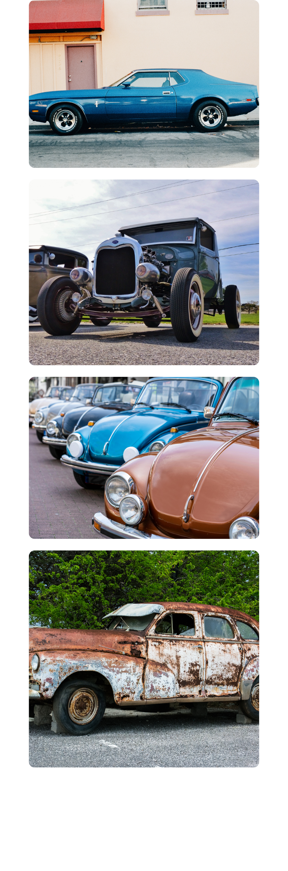 A collection of photographs capturing the uniqueness of car shows by Cavanaugh Carriages in Neenah, WI.