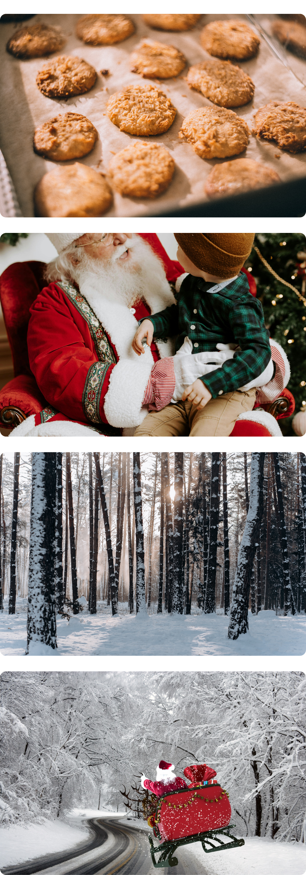 A collection of photographs capturing the holiday spirit of cookies with Santa at Cavanaugh Carriages in Neenah, WI.