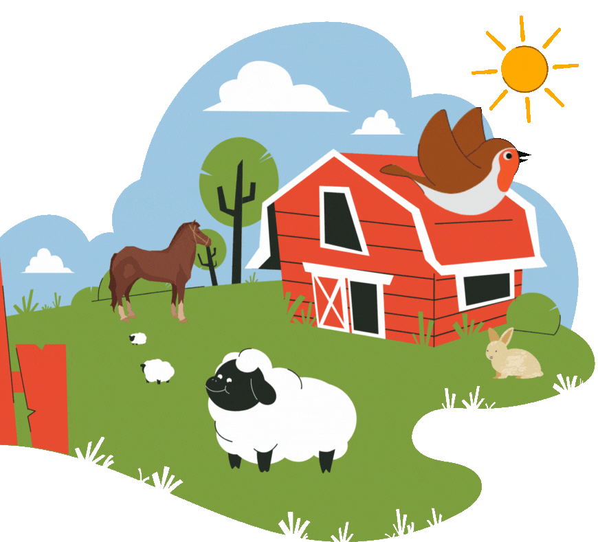 Illustration of farm animals and a bird on a picturesque farm with a red barn