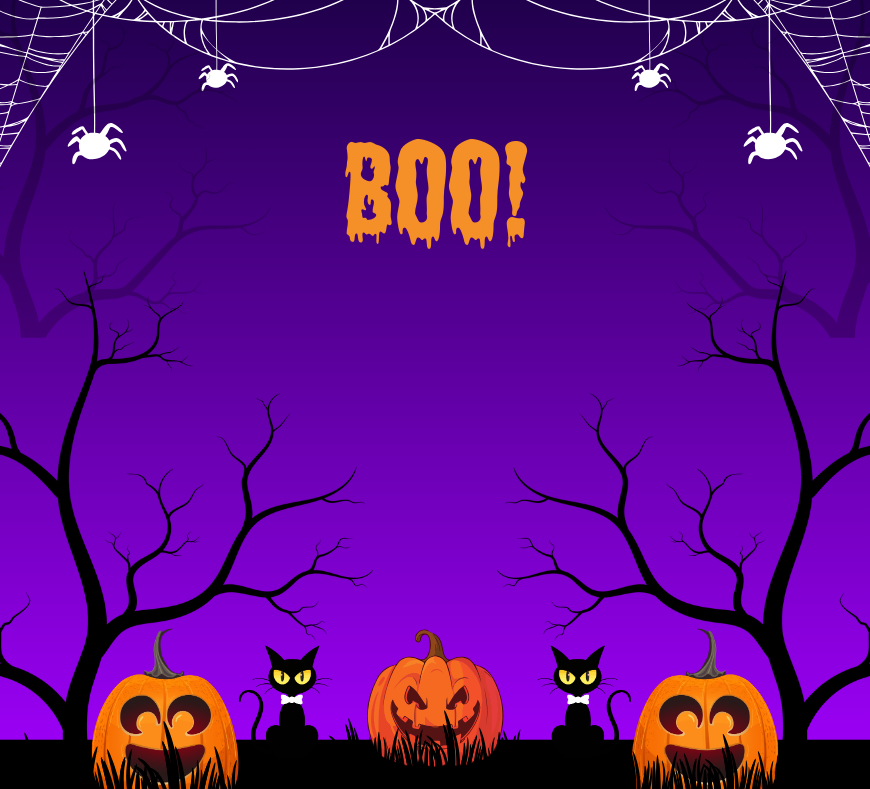 A Halloween-themed graphic with a purple background, featuring spiders and spider webs, eerie trees, three pumpkins, and two cats for a spooky seasonal vibe.