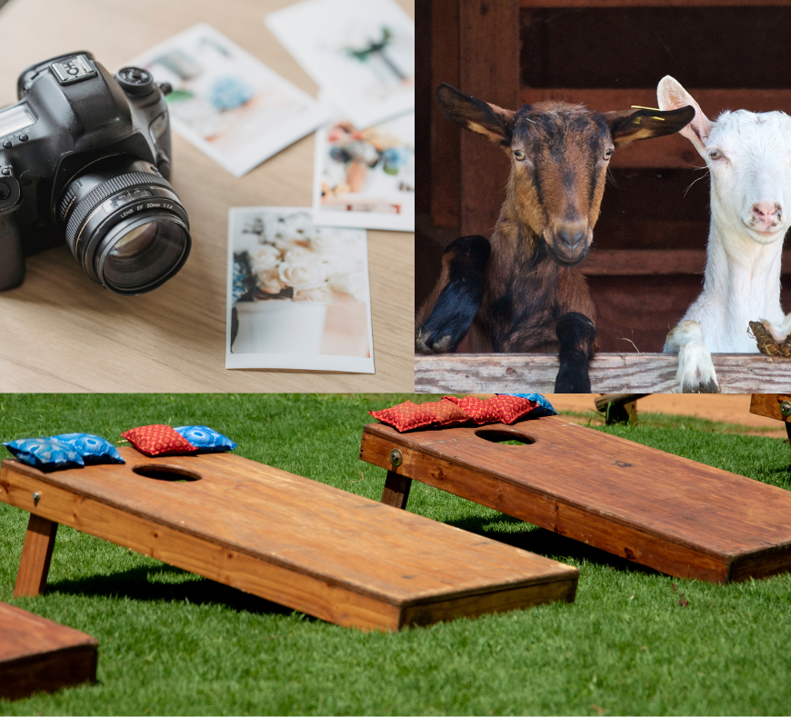 A collage featuring playful goats, a bean bag toss game symbolizing pre-farm activities, and a camera with photos highlighting the picturesque moments to capture at Cavanaugh Carriages in Neenah, WI.