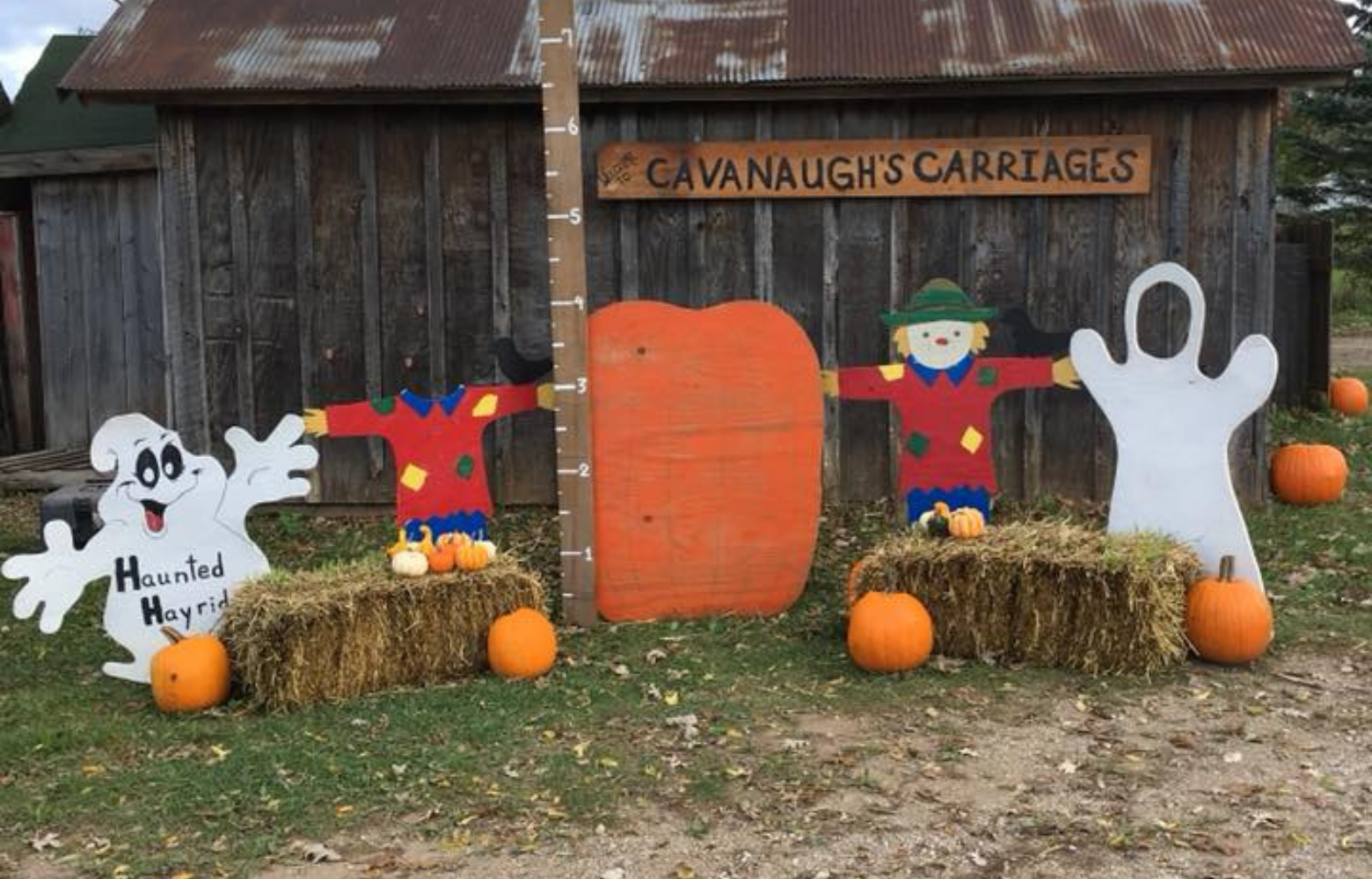 Haunted hay ride photo op decorations by Cavanaugh Carriages