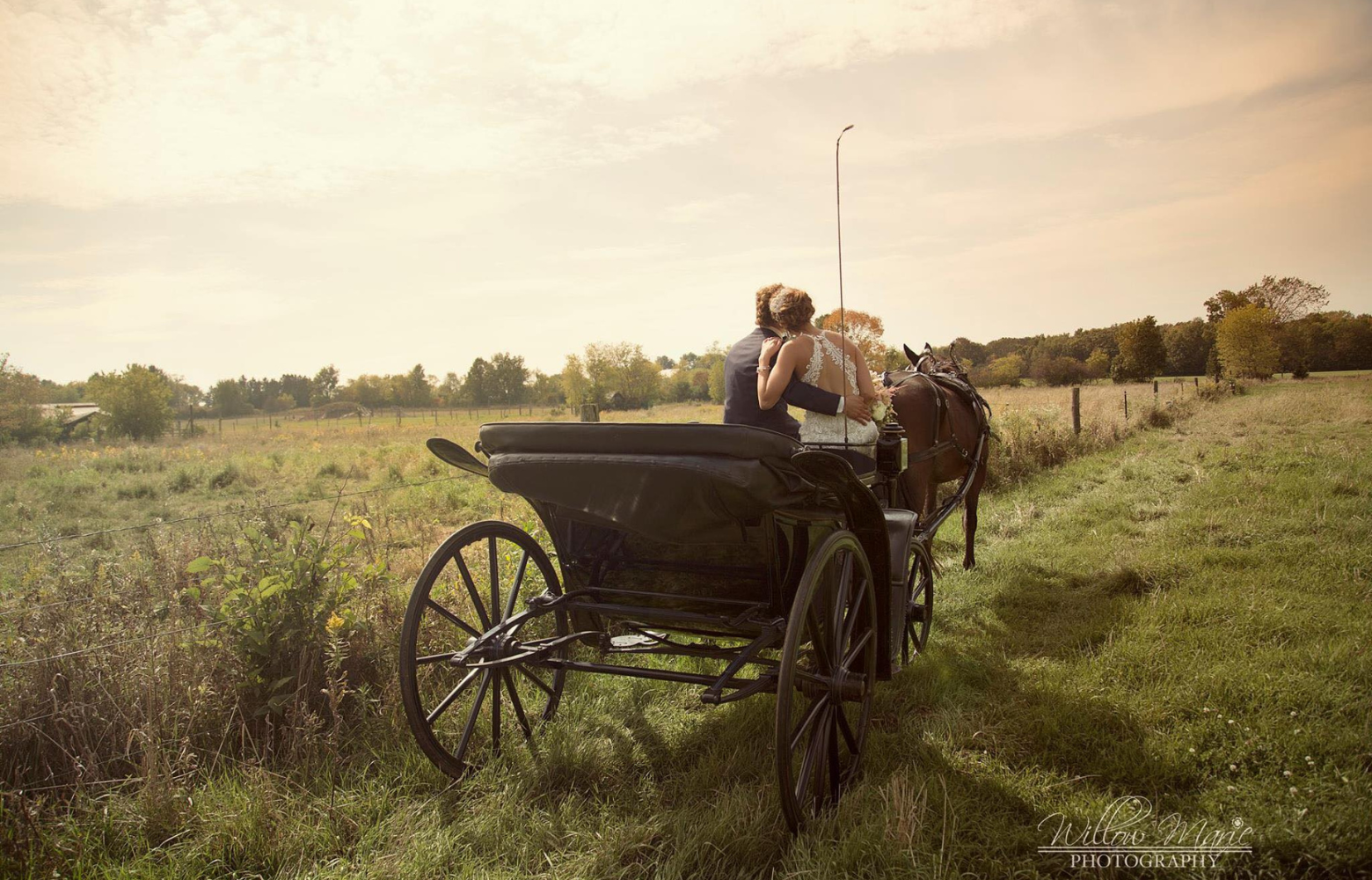 Newlywed couple enjoying a romantic horse-drawn carriage ride provided by Cavanaugh Carriages