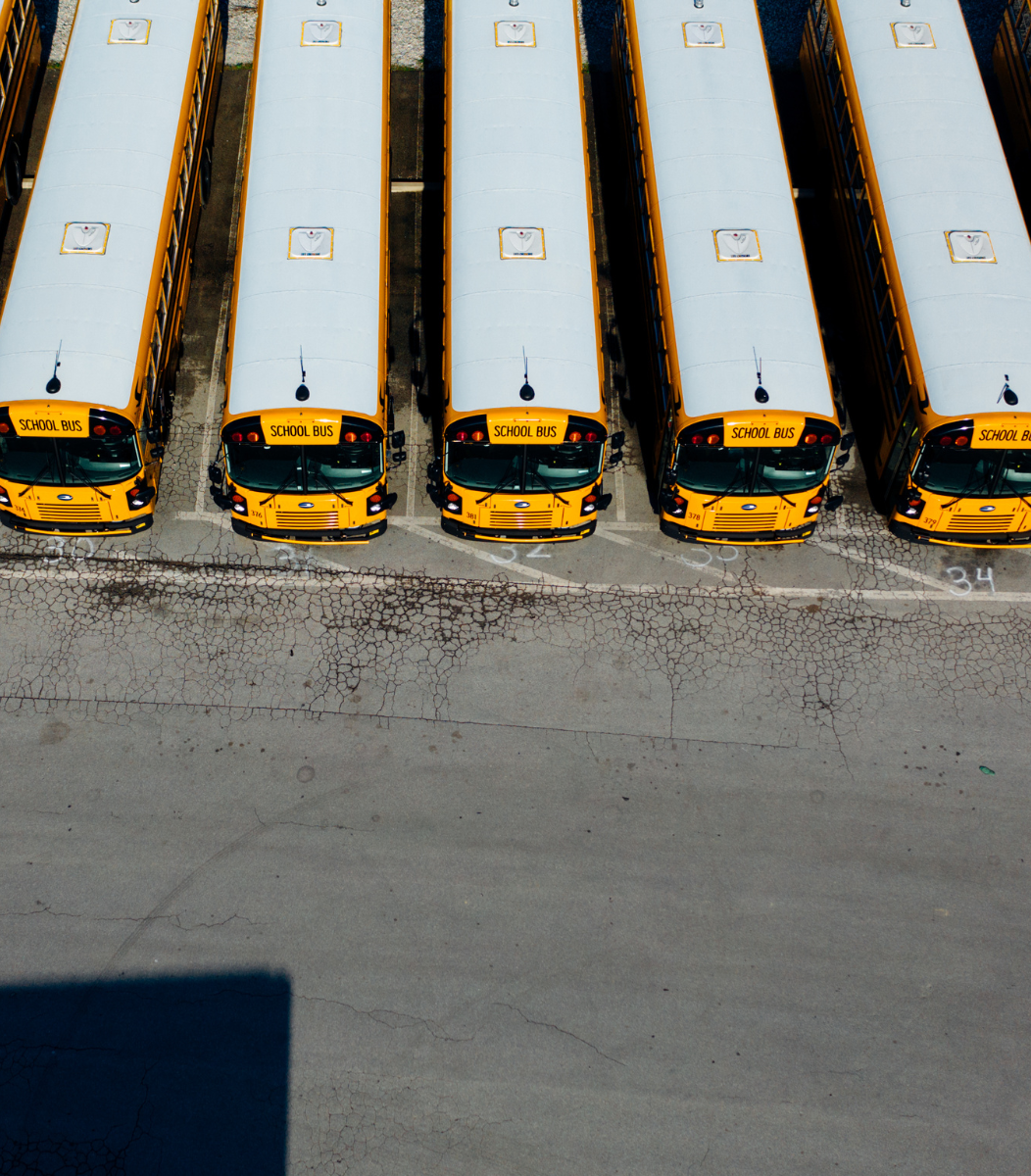 School buses parked side by side, symbolizing the educational field trips and school events hosted by Cavanaugh Carriages
