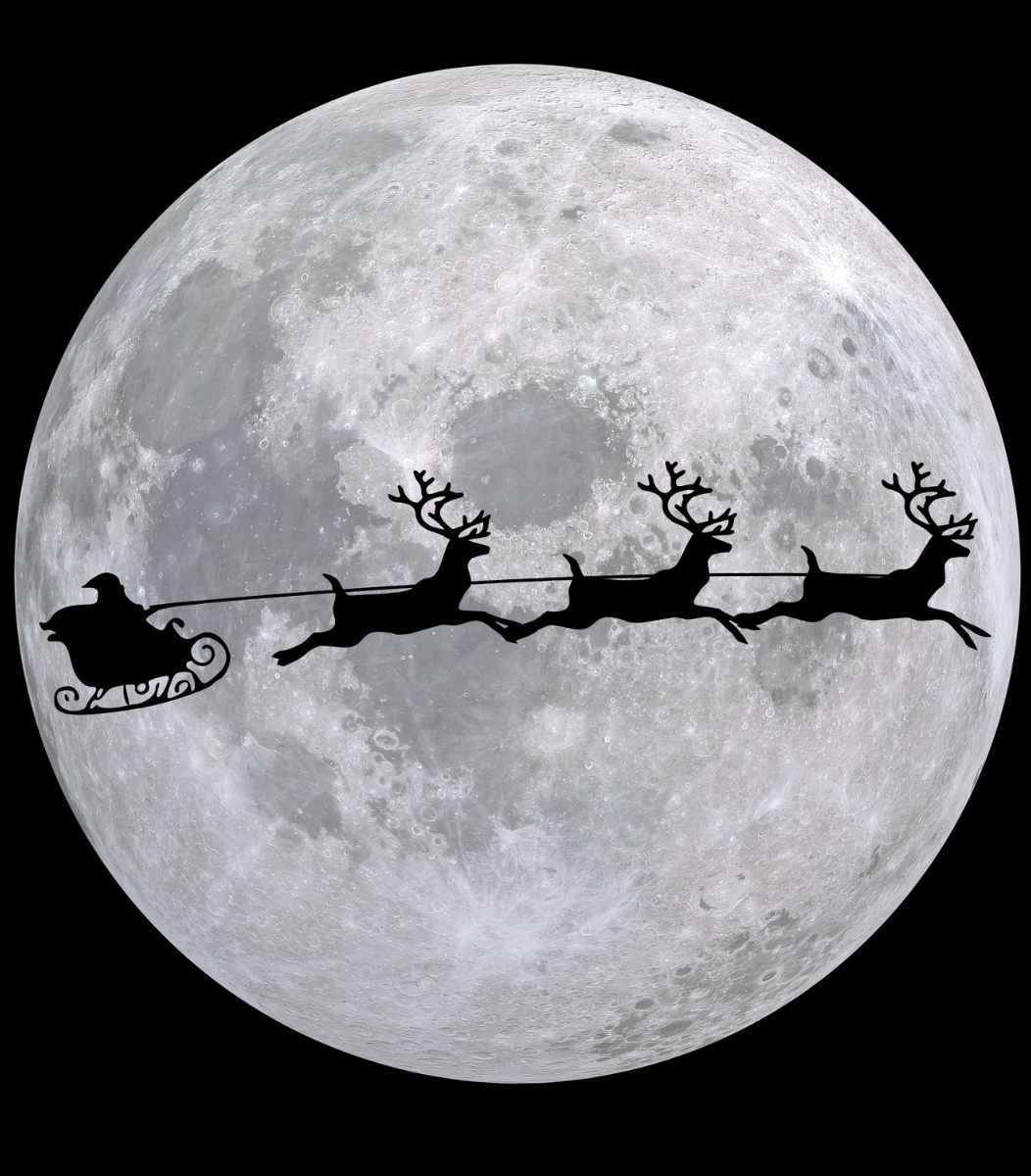 Santa in his sleigh being pulled by reindeer, flying past the glowing moon on a magical Christmas Eve night