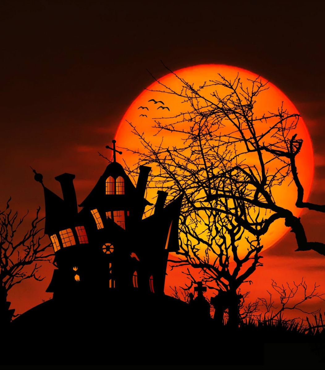 A spooky haunted house graphic with eerie details