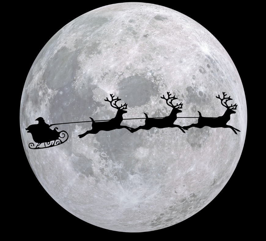 Illustration of Santa flying in his sleigh with reindeer against a glowing moon, evoking the magic and festive spirit of sleigh rides.