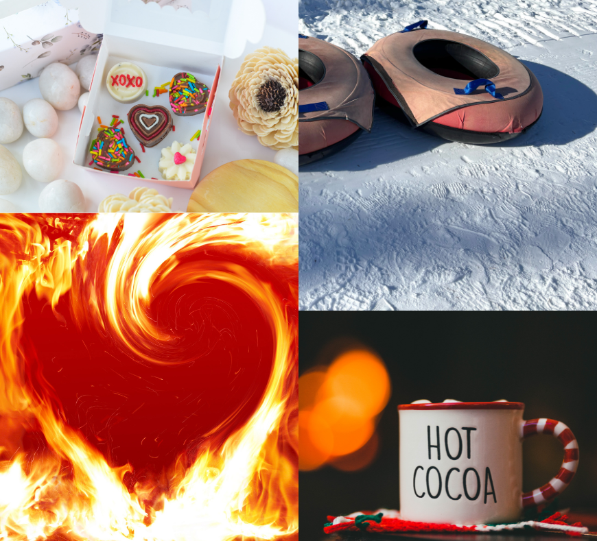 Collage featuring four images: a mug of hot cocoa, tubes for sliding down a hill, a cozy fire for relaxation, and seasonal treats to enjoy.